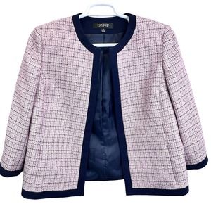 Kasper Open Front Blazer Pink Blue Tweed Mixed Media Pockets Lined Plus Size 14